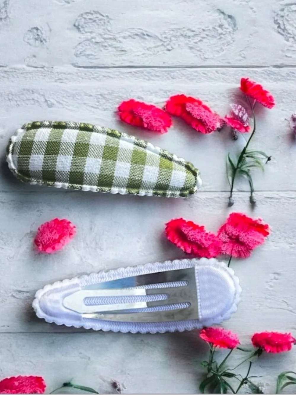 Handmade Green Gingham Fabric Snap Hair Clips Set Cottagecore
